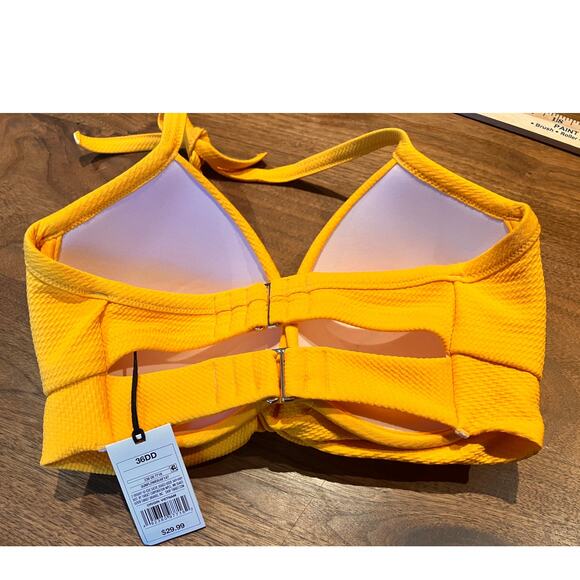 Shade Shore Bikini Top 36DD Yellow Textured Light Lift Halter Tie Swimwear - Picture 2 of 8